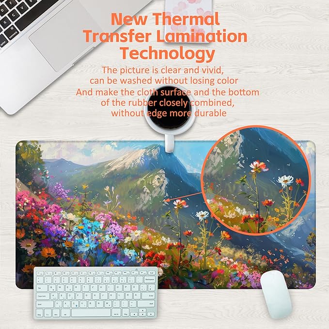 Large Gaming Mouse Pad for Desk, Watercolor Colorful Wildflowers Desk Mat, Flowers On Mountains Desk Pad, 31.5"x15.7" Extended Big Computer Mouse Pad with Non-Slip Base and Stitched Edge