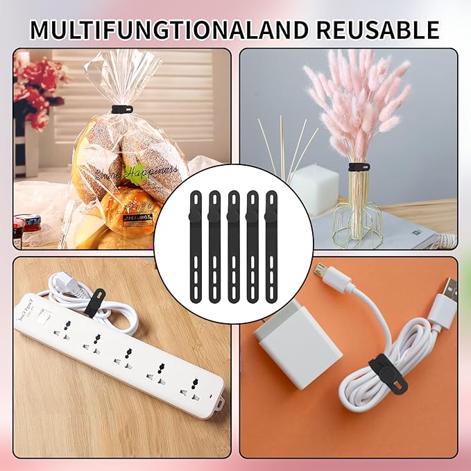 Oligei 25 Pcs Silicone Cable Ties, Cable Ties Reusable, High Elasticity Cord Wraps for Electrical Cords, Cord Organizer for Earphone, Phone Charger(Black) - Image 7