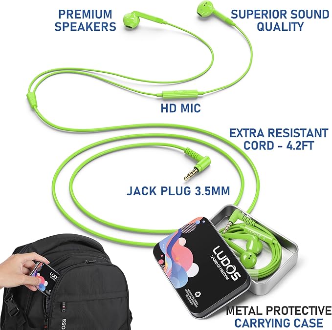 LUDOS FEROX Wired Earbuds in-Ear Headphones, 5 Year Warranty, Earphones with Microphone, Noise Isolation Corded for 3.5mm Jack Ear Buds for iPhone, Samsung, Laptop, Kids, School Students - Green