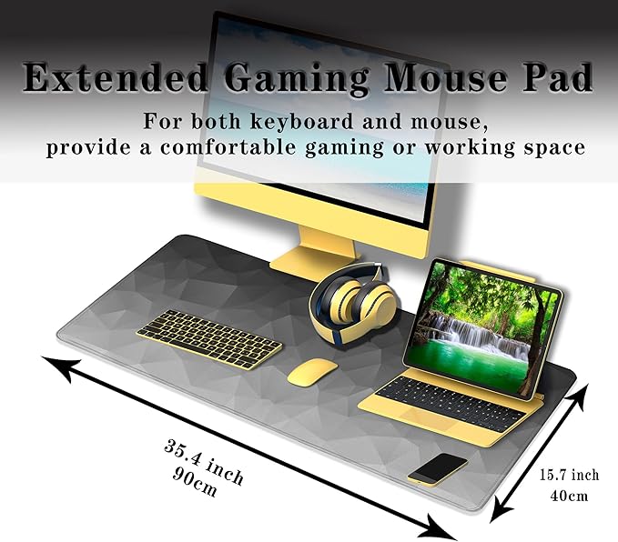 Computer Desk Mat XXL Mousepad Big Mouse Pad Gaming Desk Mats Office Pad Non-Slip Rubber Base Waterproof with Stitched Edges 35.4 X 15.7 for Game Office, White Grey Geometric