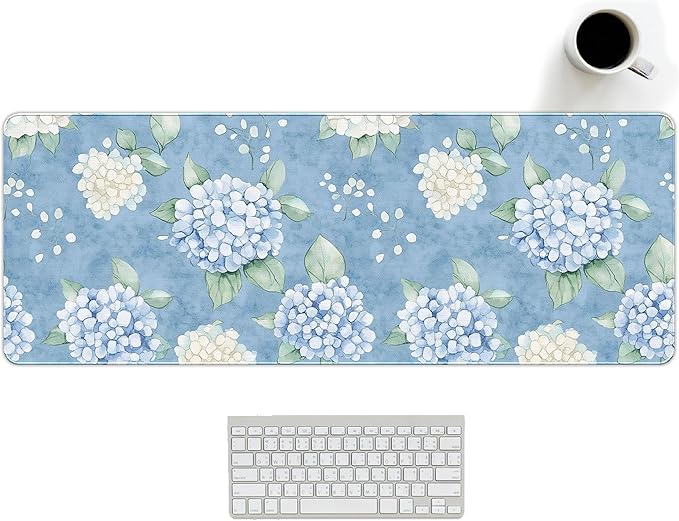 Blue Hydrangea Large Mouse Pad, Flroal Blue and White Desk Mat, Spring Summer Decor Mouse Pad for Desk Large Long White Hydrangea Extra Large Desk Pad Decorative for Office Women 31.5x11.8