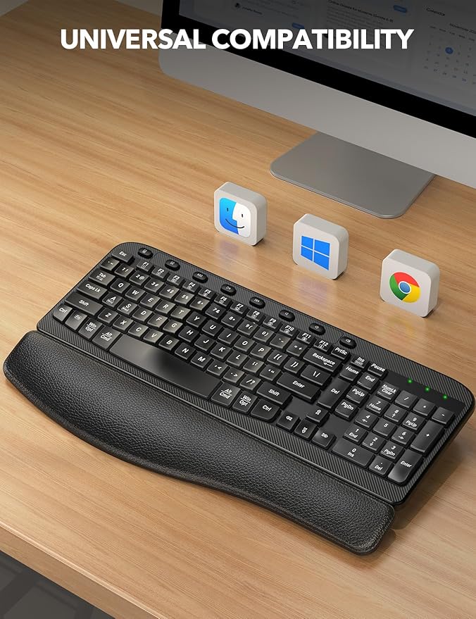 SABLUTE Wireless Keyboard, Ergonomic Wave Keyboards with Cushioned Wrist Rest, 2.4GHz USB Computer Wave Key Board for Windows, Mac, Chrome, PC, Laptop, Tablet - Black Full Size - Teclado Inalámbrico