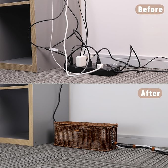 BROWNLILY Cable Management Box, Rattan Style Cord Organizer for Desk Cord Hider Outlet Covers Baby Proofing for Power Strip TV PC Router Charger Under Desk Storage with Lockable Lid and Cable Ties - Image 6