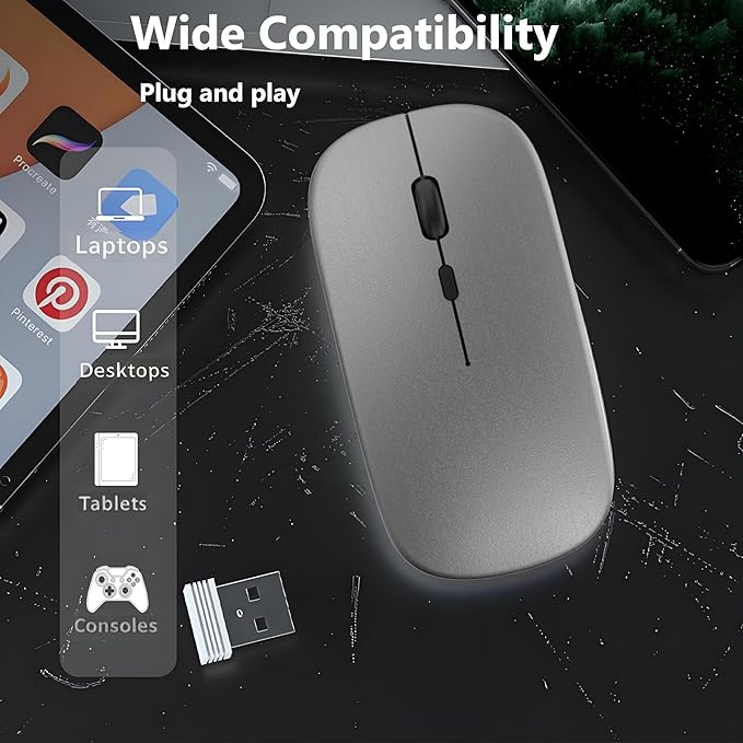 Wireless Mouse, 2.4G Noiseless Mouse with USB Receiver - Portable Computer Mice for PC, Tablet, Laptop with Windows System - Grey