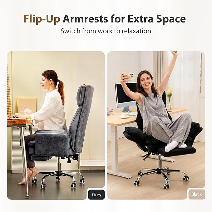 Big and Tall Office Chair, Flip Armrests for Pets & Cross Legged Sitting, Executive Ergonomic Computer Gaming Chair with Foot Rest, Crystal Velvet Wide Seat Reclining Desk Chair