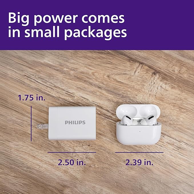 Philips iPhone Charger Fast Charging, 65W USB C Charger, 3-Port GaN USB C Charger Block with USB A and USB C, Foldable Fast Wall Charger for iPhone 16 Series, 15 Series, iPad Pro, White, DLP3653W/37