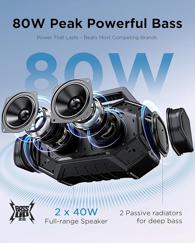 Bluetooth Outdoor Speakers, 80W(Peak) Loud Wireless Speaker, 30H Playtime, RGB Lights, BassUp 2.0, IPX6 Waterproof, TWS, Bluetooth 6.0, Portable Boombox for Party, Pool, Beach (Pink)