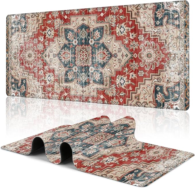 Desk Pad,Persian Style Textile Rug Texture Gaming Mouse Pad,31.5"X15.7" Extended Gaming Mouse Pad Mat with Stitched Edge Non-Slip Base Big Desk Mat for Office Keyboard Laptop
