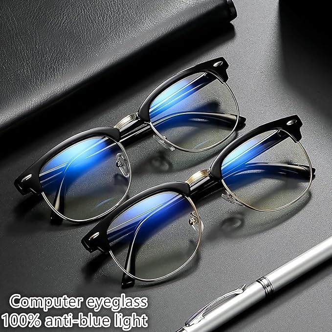 Blue light reading glasses for men Half frame Retro Semi Rimless Clear Lens Glasses Blue Blocking Eyewear For Men Women (4 Pack Reading 1.0 X)