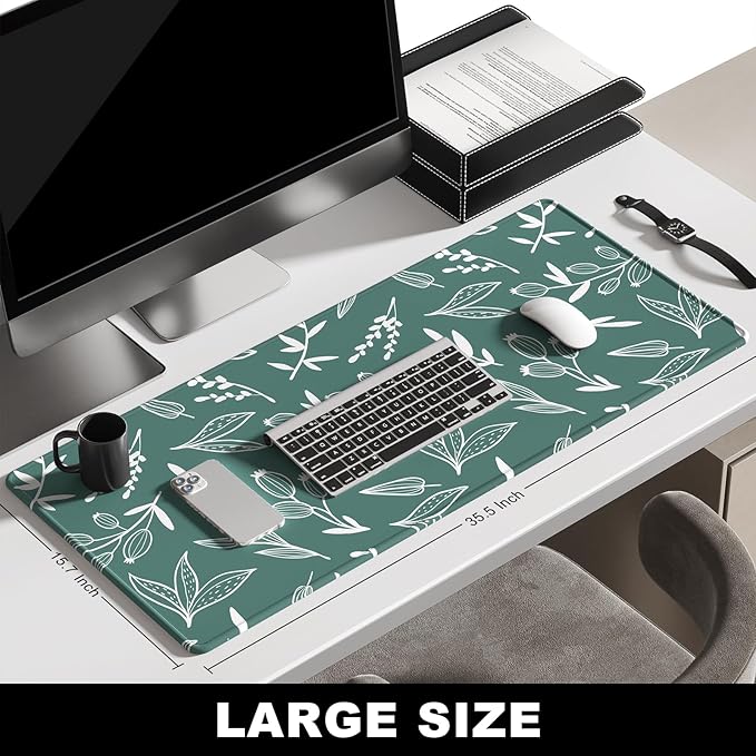 BOSOBO XXL Extended Gaming Desk Mat - Desktop Full Cover 35.5 x 15.7 Inches, Minimalist Green Flowers