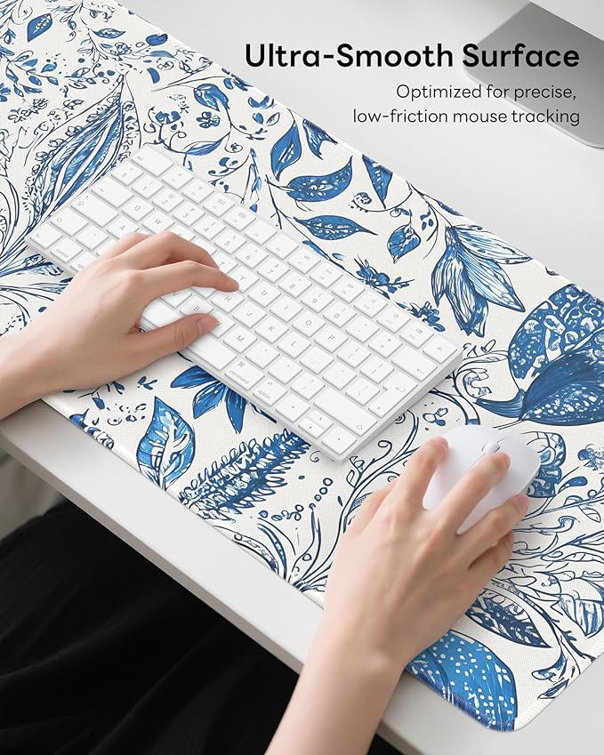 Floral Mouse Pad, 31.5 x 11.8 Large Desk Mat with Stitched Edges & Non-Slip Base, Mousepad for Office, Home, Work, Gaming, Blue Flower