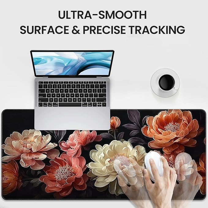 Extended Mouse Pad, Elegant Peony Floral Design, 35.4 x 15.7 Inch, Microfiber Surface, Non-Slip Base, Waterproof, Black with Coral and Cream Flowers