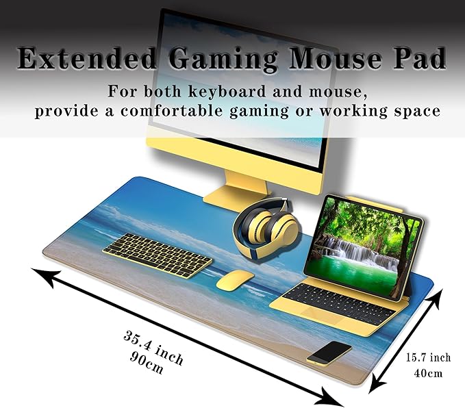 Desktop Mouse Pad Blue Full Desk Mat Large Mouse Pads Desktop Mats Large Mouse Mat Non-Slip Rubber Base Waterproof with Stitched Edges 35.4" X 15.7" for Game Office, Sea Water and Beach