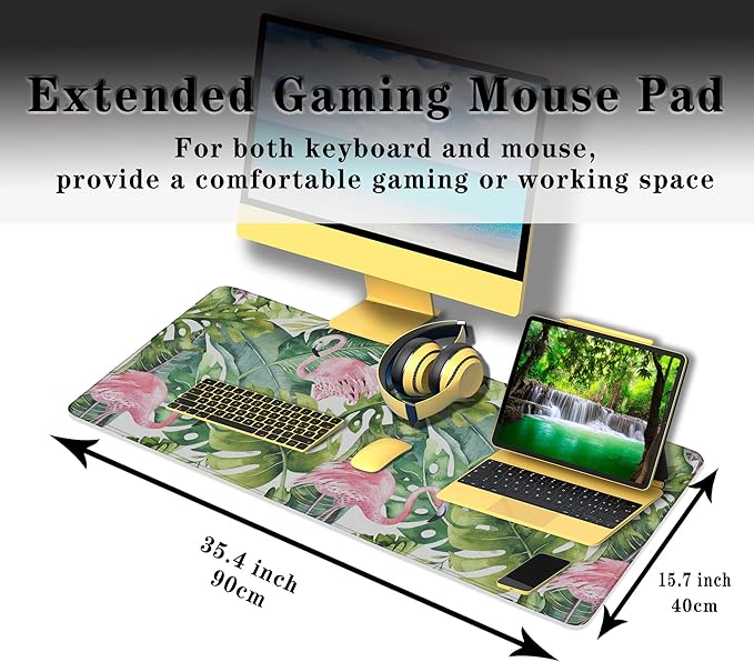 Gaming Mouse Pad Game Mat Pc Mouse Pads Large Desk Pads Computer Desk Pad Waterproof Non-Slip Rubber Base 35.4" X 15.7" for Game Office, Watercolor Tropical Palm Tree with Flamingo
