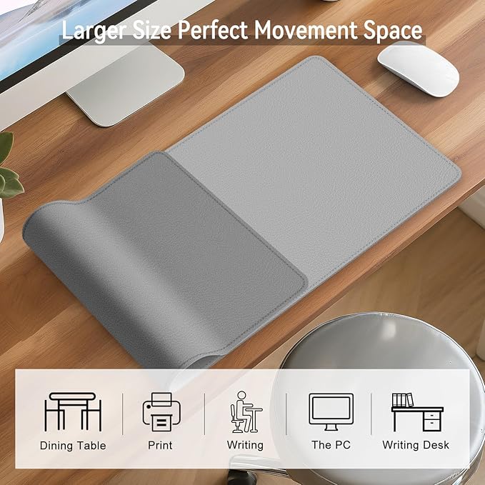 Dual Sided Leather Desk Mat - Waterproof Desk Pad - Ideal for Large Mouse Pad and Desk Mats on Top of Desks (Gray, 25"*13")