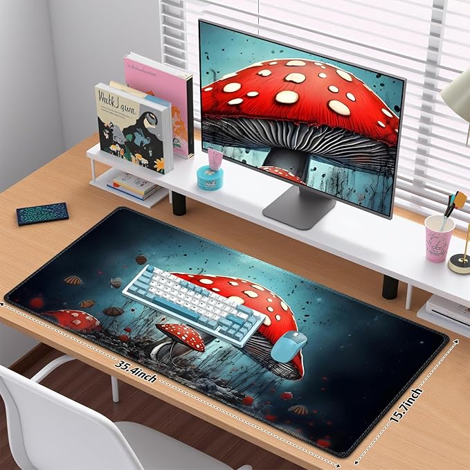 Cool Desk Matt for Desktop, Mouse Pad Mat, Desk Mat for Keyboard and Mouse, XXL Large Mouse Pad for PC, Anti-Slip Big Mousepad with Stitched Edges, Mouse Mat for Computer Laptop Women, Red Mushroom