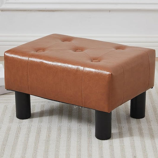 Small Foot Stool Ottoman, Faux Leather Footstool Ottoman Foot Rest for Couch, Rectangle Footstools and Ottomans Small for Living Room, Entryway and Bedroom (Bright Brown)
