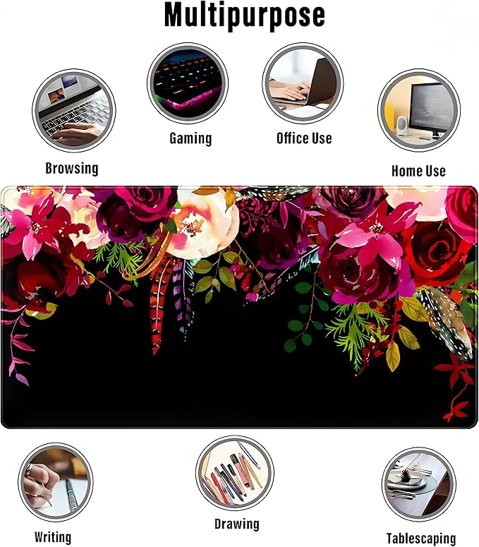 Red Flower Vintage Botanical Desk Pad - Black Mouse Pads, Keyboard Mat, Laptop PC Wireless Mouse Mat XXL, Aesthetic Office Desk Accessories (31.5"x15.75")