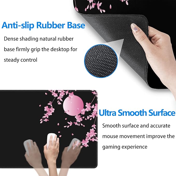 Japanese Cherry Blossom Gaming Mouse Pad XL, Black Desk Mat Large Mouse Pad Long 31.5x11.8in, Extended Big Desk Pad Pink Flower Mousepad with Non-Slip Base and Stitched Edges for Work Gaming Office