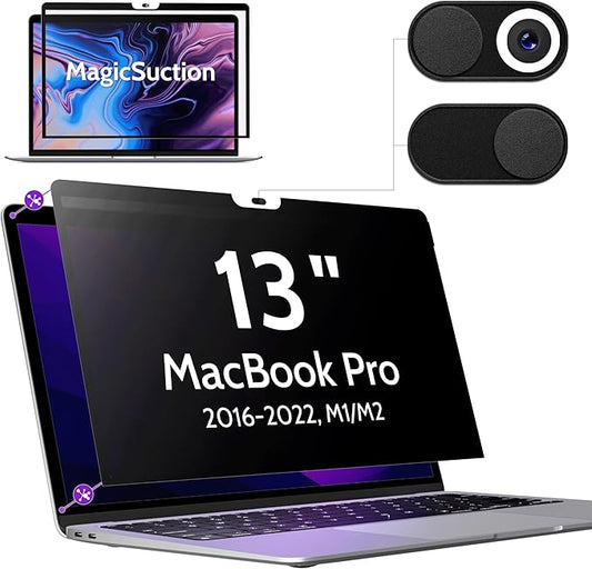 Peslv Privacy Screen for MacBook Pro 13 In (2016-2022, M1, M2) & MacBook Air 13 Inch (2018-2021, M1), MagicSuction™ Removable Anti Spy Black Protector, Glare Blue Light Filter for Mac Laptop Computer