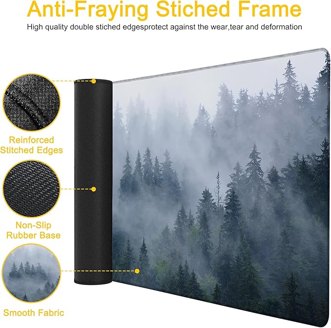 Desk Mat Misty Forest Desk Pad for Keyboard and Mouse, Large Big Gaming Mouse Pad with Stitched Edges for Work Game, 35.43 x 15.75 in