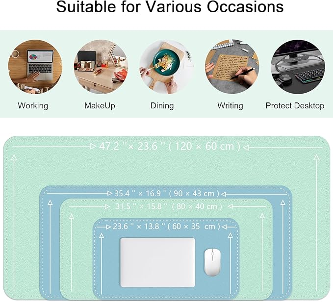 Bleswin Multifunctional Large Desk Mat, Double Sided Computer Desk pad, Extended Mouse Mat, Office Desk Protector with Waterproof PU Leather, 35.4''×16.9'', Office Home Writing Pad (Lake Green+Blue)