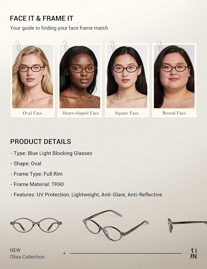 TIJN Olisa Blue Light Blocking Glasses for Women Men,Retro Oval Frame Bluelight Eyeglasses for Gaming/Computer/Screen