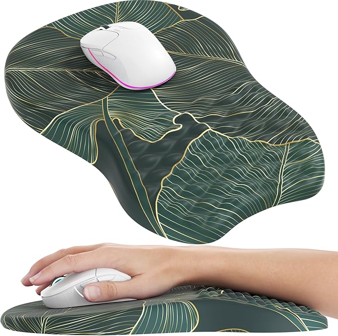 MROCO Ergonomic Mouse Pad with Wrist Support, Wrist Rest Mousepads for Carpal Tunnel Pain Relief, Memory Foam Pad with Massage Bulge and Non-Slip Base for Office, Home, Green Leaves