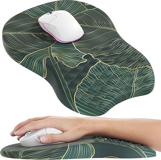 MROCO Ergonomic Mouse Pad with Wrist Support, Wrist Rest Mousepads for Carpal Tunnel Pain Relief, Memory Foam Pad with Massage Bulge and Non-Slip Base for Office, Home, Green Leaves