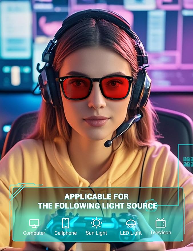 TIJN Sleep Glasses with Blue Green Light Blocking, Red Light Lens for Computer Gaming, Screen Fatigue & UV Protection