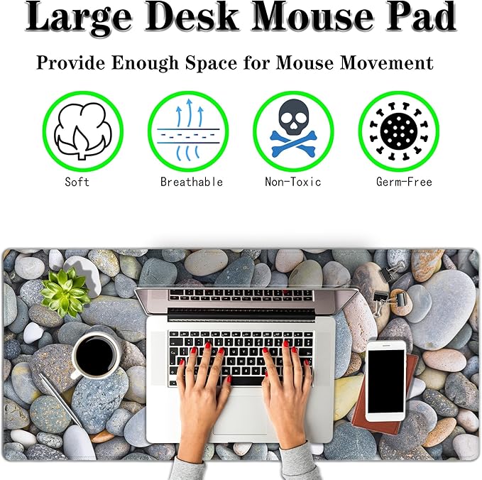 Computer Desk Pads Cobblestone Gaming Mouse Mat, Desk Mouse Pad XXL Mouse Pads, Desktop Computer Mat Non-Slip Rubber Base Waterproof with Stitched Edges, 35.4" X 15.7" Work/Game/Office/Home