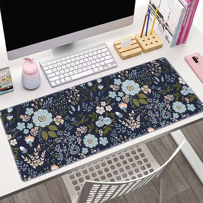 Floral Desk Mat Dark Vintage Aesthetic Desk Pad Flower Plant Blue Extended Mouse Pad Large Gaming Mousepad XL Laptop Computer Mouse Keyboard Mat 31.5 x 11.8 in for Office Desk Decor