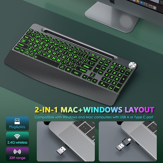 Large Print Backlit Wireless Keyboard with Wrist Rest-Low-Profile,Phone/Tablet Holder,Rechargeable with Light Up Keyboard,Ergonomic Quiet Computer Keyboard for Desktop,Laptop, PC, Mac-Grey