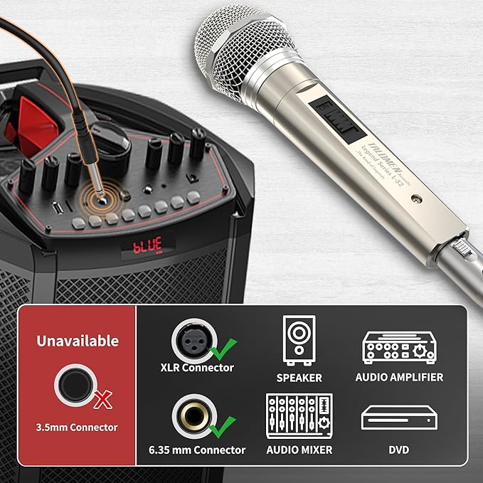 Wired Microphone for Singing, Metal Female, ON/Off Switch, Professional Vocal Dynamic Mic with 20ft & 6.5ft XLR Audio Cable, Cardioid Studio Microfono for Podcasting and Recording, Gold-L52
