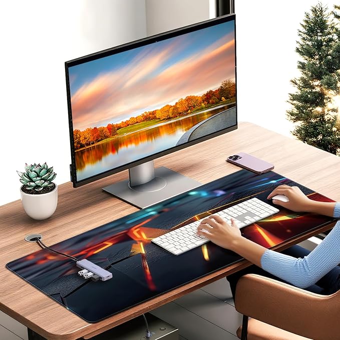 Large Gaming Mouse Pad, Abstract Geometric Orange and Blue Pattern, Extended 35.4 x 15.7 Inches, Non-Slip Rubber Base, Stitched Edges, XXL Desk Mat