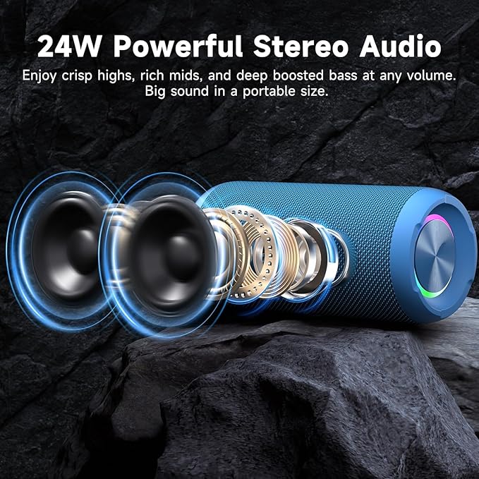 Ortizan Portable Bluetooth Speakers, IPX7 Waterproof Wireless Outdoor Speaker with 24W Loud Stereo Sound And Bluetooth 5.3, Deep Bass, RGB Lights, Dual Pairing, 30H Playtime for Home, Party