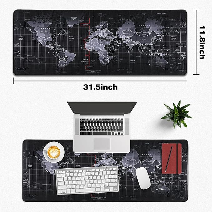 Mouse Pad Gaming - Desk Mat for Keyboard and Mouse -Black World Map Large Mouse Pads for Desk, Gaming Mousepad with Non-Slip Base, Desks Pad (31.5" X 11.8") for Game, Office and Home