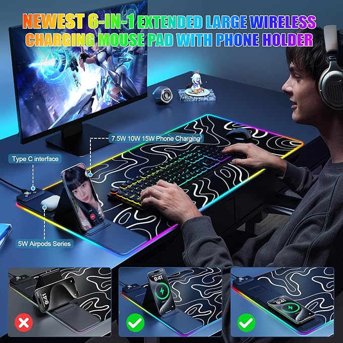 Mouse Pad with Foldable Phone Holder, Wireless Charging Desk Mat, RGB Gaming Mousepad Large Desk Pad with Non-Slip Base, Waterproof Keyboard Pad, Classic Black (XXL Stand Topographic)