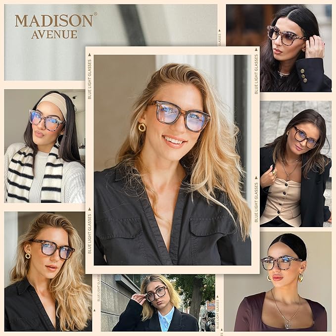 Madison Avenue Blue Light Blocking Glasses Oversized Fashion Blue Light Glasses for Women Anti Eyestrain & UV Protection Computer Eyeglasses (Grey Demi)
