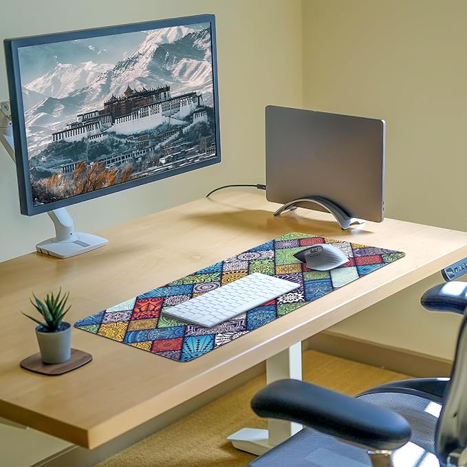 Colorful Boho Desk Mat,Large Cute Mouse Pad for Desk, Girly Mousepad with Stitched Edges, Computer Keyboard Mat for Work, Game, Office, Home, 31.5 x 11.8 Inch