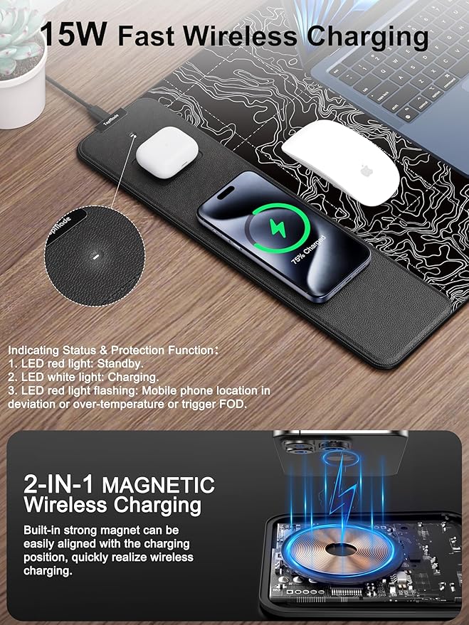 TopMade Mouse Pad with 15W Fast Wireless Charging, 31.5"x15.75" XXL Large Gaming Waterproof Desk Pad with Ultra-Smooth Surface, Non-Slip Base, Computer Desk Mat, Black Topographic Map #3