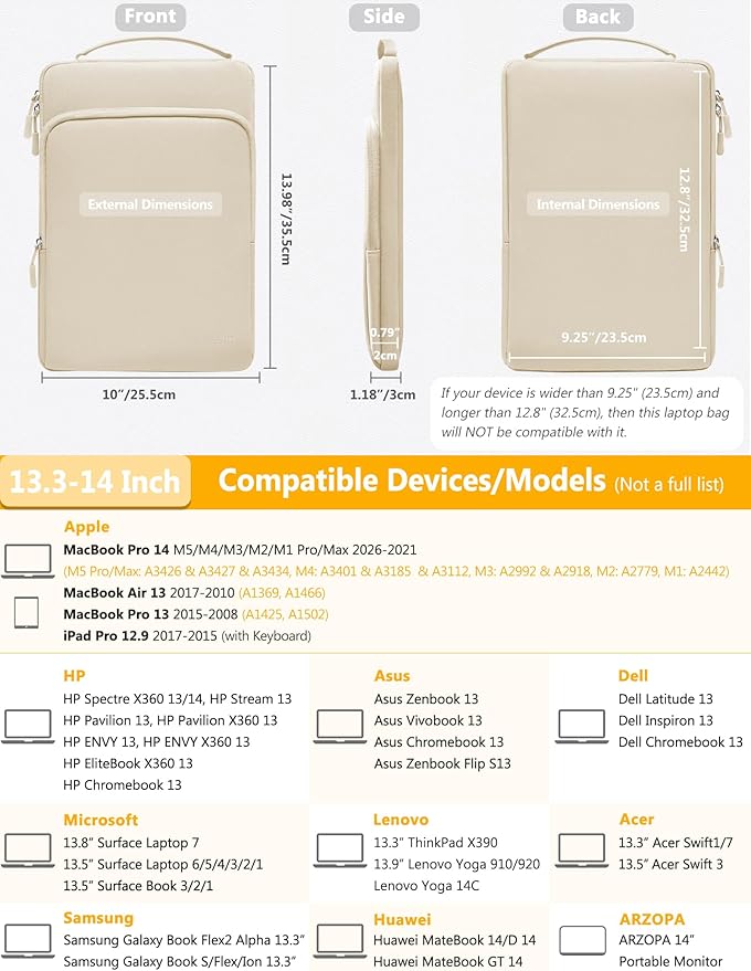 HYZUO 13.3-14 Inch Laptop Bag Sleeve for MacBook Pro 14 M5 M4 M3 M2 M1 Pro/Max A3426 A3427 2026-2021, MacBook Air/Pro 13.3, 13.8"-13.5" Surface Laptop/Book, Notebook Case for 13" Dell HP, Sand