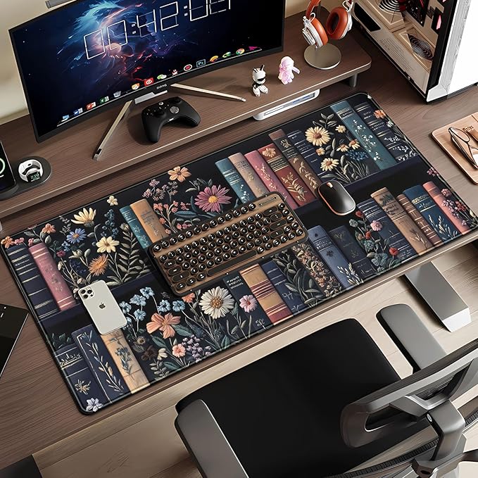 Bookish Desk Mat Floral Bookshelf Desk Pad Faux Embroidery Large Mouse Pad XXL Extended Mousepad Flower Aesthetic Keyboard Pad Mouse Mat 31.5''X15.7''in Book Lovers Gift Office Decor for Women