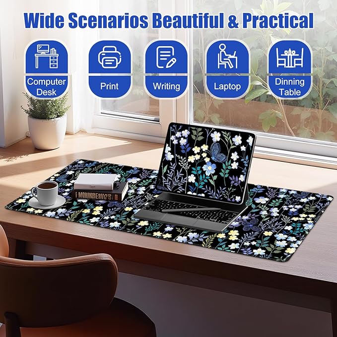 Desk Matt for Desktop, Desk Pad Mat, DeskMat for Keyboard and Mouse, XXL Large Mouse Pad for Desktop, Anti-Slip Big Mousepad with Stitched Edges, Mouse Pad for Computer Laptop Women,Wildflower Meadow