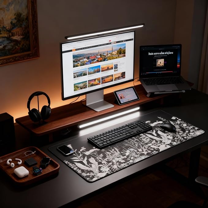 Large Floral Mouse Pad for Women, Black White XXL Desk Mat with Anti-Slip & Stitched Edges, Aesthetic Desk Pad for Keyboard and Mouse, Cute Office Supplies & Home Decor for Computer Desktop