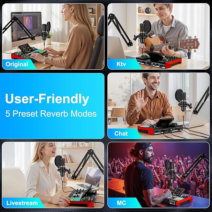 Podcast Microphone Bundle with Live Sound Card Audio Mixer, Podcast Equipment Bundle with 3.5mm Boom Mic for Pc/Phone Live Streaming Singing Gaming, Sound Board with Voice Changer, Denoise