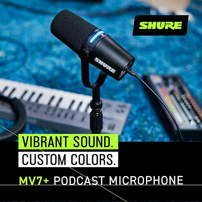 Shure MV7+ Podcast Dynamic Microphone – OBS Certified, Enhanced Audio, LED Panel, USB-C & XLR Outputs, Auto Level Mode, Digital Pop Filter, Reverb Effects – for Podcasting, Streaming, Recording, Black