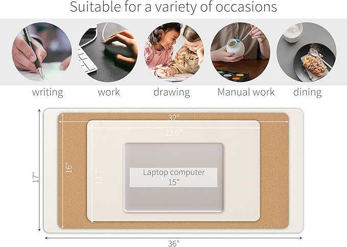 RENMTURE Dual-Sided Large Desk Pad, Faux Leather Natural Cork Mouse pad, Desk Accessories Protector, for Office and Home Work (Off-White, 32"x16")