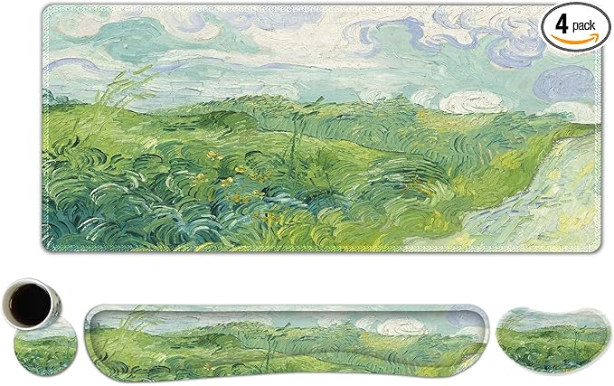 ToLuLu Extended Gaming Mouse Pad, Memory Foam Ergonomic Keyboard Mouse Wrist Rest Support Set, Large Desk Mat with Stitched Edges, Non-Slip Base Mousepad for Home Office Game and Study, Green Theme