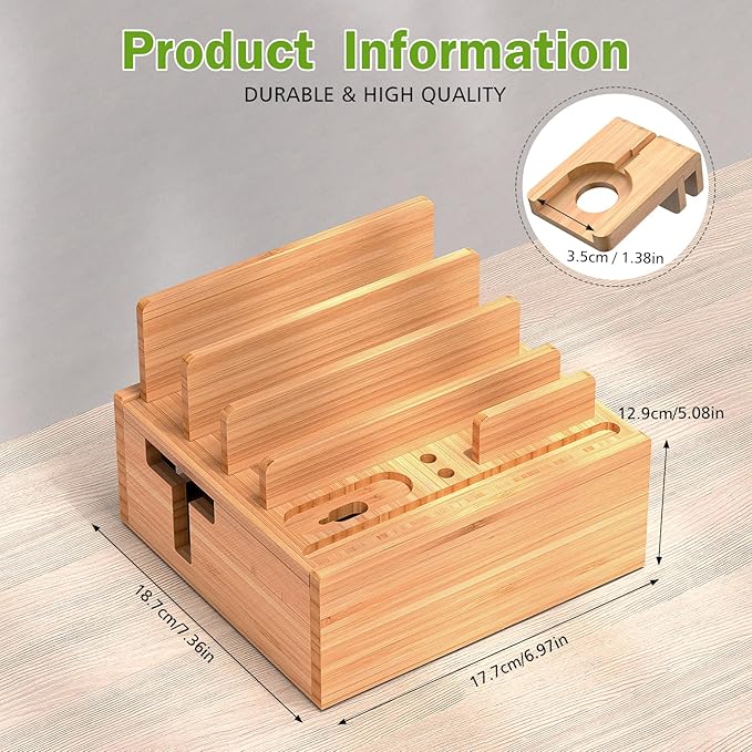 Pezin & Hulin Bamboo Charging Station Holder with 5 Port USB Charger, 5 x Charge Cables, Watch Stand, Wood Docking Stand Electronic Organizer for Multiple Devices, Phones, Tablets and Earpods
